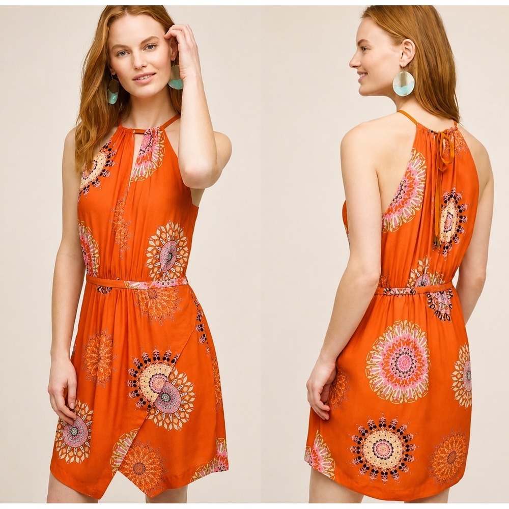 Anthropologie Floreat Livia Halter Dress 6 Orange Boho Medallion Festival